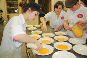 Beth, Bailey and Mercedes bowling up our Carrot Curry Soup with Creme Fraiche for our Grad Dinner Catering in May